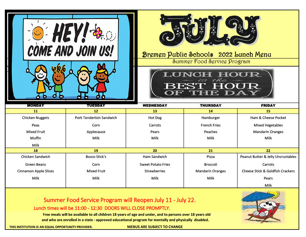 July Summer Food Service Program Menu. We hope you can join us!
