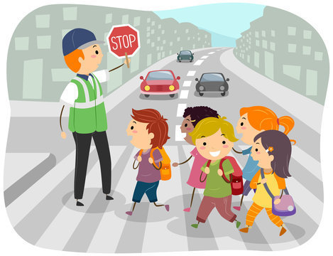 Children crossing the street with crossing guard